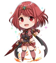 Rule 34 | 1girl, aegis sword (xenoblade), black gloves, breasts, chest jewel, chibi, earrings, fingerless gloves, gloves, jewelry, kurokaze no sora, large breasts, pyra (xenoblade), red eyes, red hair, red shorts, red thighhighs, short hair, short shorts, shorts, solo, swept bangs, sword, thighhighs, tiara, weapon, xenoblade chronicles (series), xenoblade chronicles 2
