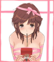 Rule 34 | 1girl, amagami, blush, brand name imitation, breasts, brown eyes, brown hair, collarbone, food, food in mouth, large breasts, looking at viewer, megane chuu, mouth hold, naked ribbon, pocky, ribbon, sakurai rihoko, short hair, solo, upper body, white background