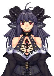 Rule 34 | 1girl, absurdres, animal ears, antenna hair, bare shoulders, black sclera, breasts, closed mouth, colored sclera, commentary request, corset, curled horns, demon girl, extra eyes, highres, horns, large breasts, long hair, looking at viewer, monster girl, off shoulder, original, purple hair, red eyes, simple background, smile, solo, third eye, upper body, white background, yui sora