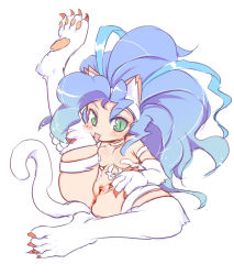Rule 34 | 1girl, animal ears, animal hands, anus, bad id, bad pixiv id, big hair, blue hair, blush, bottomless, breasts, capcom, cat ears, cat tail, clitoris, felicia (vampire), fur, green eyes, leg lift, licking, lolo (kemonono), long hair, no panties, pussy, sitting, slit pupils, solo, spread pussy, tail, thighhighs, tongue, uncensored, vampire (game)