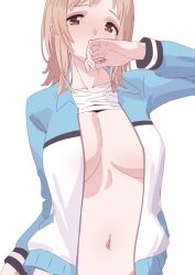 Rule 34 | 1girl, breasts, clothes lift, collarbone, covering own mouth, idolmaster, idolmaster shiny colors, jacket, kutsudei (gapf2244), large breasts, light brown hair, long sleeves, looking at viewer, navel, open clothes, open jacket, sakuragi mano, shirt, shirt lift, simple background, solo, stomach, track jacket, upper body, white background, white shirt