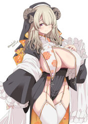 Rule 34 | 1girl, absurdres, breast curtains, breasts, brown hair, closed mouth, curled horns, dated, garter straps, hair over one eye, highres, horns, indie virtual youtuber, inori marie, kichihachi, large breasts, looking at viewer, medium hair, nun, pink eyes, pointy ears, simple background, sleeves past wrists, solo, thighhighs, thighs, twitter username, virtual youtuber, white background, white thighhighs