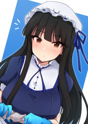 Rule 34 | 1girl, black hair, blue background, blue dress, blue gloves, blue ribbon, blush, breasts, brown eyes, character request, chiji komari, closed mouth, dress, gloves, hat, highres, idolmaster, idolmaster cinderella girls, large breasts, long hair, looking at viewer, mob cap, puffy short sleeves, puffy sleeves, rag, ribbon, rubber gloves, short sleeves, solo, two-tone background, white background, white hat, wringing