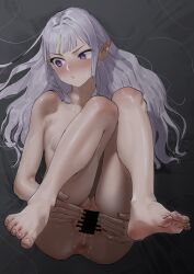 Rule 34 | 1girl, anus, ass, bar censor, barefoot, blunt bangs, blush, censored, completely nude, feet, full body, ghode (basashi), highres, long hair, looking to the side, loose hair strand, lying, melty (shining hearts), messy hair, nude, on back, pointy ears, puckered lips, purple eyes, pussy, shining (series), shining hearts, soles, solo, spread pussy, sweat, thighs, toenails, toes, white hair