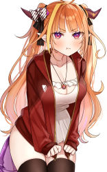 Rule 34 | 1girl, ahoge, blonde hair, blunt bangs, blush, bow, breasts, cleavage, collarbone, commentary, dragon girl, dragon horns, highres, hololive, horn bow, horn ornament, horns, jacket, jewelry, kiryu coco, kiryu coco (loungewear), large breasts, leaning forward, long hair, multicolored hair, necklace, omaru (0marufestival), open clothes, open jacket, orange hair, pointy ears, pout, red eyes, red jacket, simple background, skindentation, solo, streaked hair, striped, striped bow, tail, thighhighs, virtual youtuber, white background