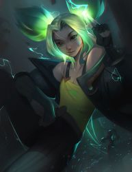 Rule 34 | 1girl, absurdres, bandaid, bandaid on face, black gloves, black jacket, black pants, breasts, closed mouth, collarbone, commentary, fingerless gloves, gloves, green hair, hand up, highres, jacket, league of legends, lightning, looking at viewer, mouth hold, off shoulder, open clothes, open jacket, pants, parted bangs, small breasts, solo focus, striped clothes, striped pants, symbol-only commentary, tank top, twintails, vincent t (oriaarts), yellow tank top, zeri (league of legends)