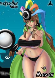 Rule 34 | absurdres, bikini, breasts, brown hair, cape, curvy, green cape, green eyes, halterneck, highres, huge breasts, large breasts, meden, nail polish, patapon, priestess, self-upload, solo, swimsuit, yatzyel