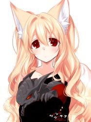 Rule 34 | 1girl, animal ears, black shirt, blonde hair, commentary request, copyright request, creature, dated, dragon, fox ears, hair between eyes, hair intakes, konshin, long hair, long sleeves, looking at viewer, original, parted lips, red eyes, shirt, signature, simple background, sleeves past wrists, solo, twintails, upper body, very long hair, white background