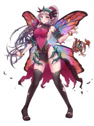 Rule 34 | 1girl, armpit crease, black thighhighs, blush, bracelet, breasts, butterfly wings, commentary, covered navel, detached sleeves, dress, elf, english commentary, facial mark, fairy, fire emblem, fire emblem heroes, forehead mark, groin, hairband, highres, injury, insect wings, jewelry, keipup, knees together feet apart, large breasts, leotard, long hair, looking at viewer, necklace, nintendo, parted bangs, pelvic curtain, plant, plumeria (fire emblem), pointy ears, ponytail, red eyes, sideboob, sidelocks, silver hair, simple background, solo, taut clothes, taut dress, thighhighs, thighs, thorns, torn clothes, twitter username, vines, white background, wings