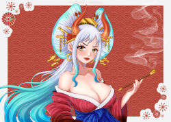 Rule 34 | 1girl, artist name, bare shoulders, closed mouth, commentary, curled horns, earrings, english commentary, flower, green hair, hair flower, hair ornament, hair stick, hiyozuki, holding, holding smoking pipe, hoop earrings, horns, japanese clothes, jewelry, kimono, lips, lipstick, long hair, looking at viewer, makeup, multicolored hair, multicolored horns, nail polish, nihongami, official alternate costume, oiran, one piece, oni, oni horns, patreon username, red flower, red lips, red nails, smile, smoke, smoking pipe, solo, white hair, yamato (one piece)