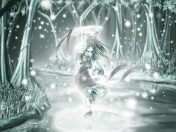 Rule 34 | 1girl, aozora market, ascot, bow, duplicate, closed eyes, female focus, forest, green theme, hair bow, hair tubes, hakurei reimu, monochrome, muted color, nature, no nose, platform footwear, river, skirt, skirt set, smile, snowing, solo, touhou