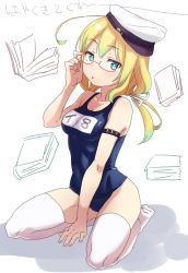 Rule 34 | 10s, 1girl, @@@, ahoge, bad id, bad pixiv id, blonde hair, book, breasts, full body, glasses, hat, i-8 (kancolle), kantai collection, long hair, no shoes, one-piece swimsuit, personification, red-framed eyewear, school swimsuit, simple background, solo, swimsuit, thighhighs, white background, white thighhighs