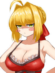 Rule 34 | 1girl, absurdres, ahoge, blonde hair, blush, breasts, cleavage, fate/grand order, fate (series), green eyes, highres, large breasts, long hair, looking at viewer, nero claudius (fate), solo, steamingtofu, upper body, white background