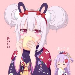 Rule 34 | 2girls, ^ ^, animal ears, azur lane, blush, blush stickers, bow, brown background, closed eyes, covered mouth, cup, double bun, floral print, flower, hair bow, hair bun, hair flower, hair ornament, hairband, holding, holding cup, japanese clothes, kimono, laffey (azur lane), laffey (snow rabbit and candy apple) (azur lane), long hair, long sleeves, mug, multiple girls, pink background, pink hair, ponytail, print kimono, purple hair, purple kimono, rabbit ears, red bow, red eyes, red flower, red hairband, red rose, riria (happy strawberry), rose, simple background, single hair bun, sleeves past fingers, sleeves past wrists, translation request, unicorn (azur lane), upper body, white kimono, wide sleeves