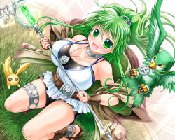 Rule 34 | 1girl, bare shoulders, bird, breasts, choker, duel monster, female focus, from above, grass, green eyes, green hair, hair ornament, highres, jewelry, kneeling, kogarashi (wind of winter), long hair, looking at viewer, magic, magician, matching hair/eyes, necklace, open mouth, ponytail, rabbit, shirt, shorts, solo, staff, weapon, winda priestess of gusto, yu-gi-oh!