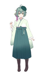 Rule 34 | 1girl, beret, boots, brown footwear, closed mouth, commentary request, cross-laced footwear, flower, frilled sleeves, frills, full body, green eyes, green hair, green hakama, green hat, green kimono, hair between eyes, hair flower, hair ornament, hakama, hakama skirt, hat, japanese clothes, kimono, lace-up boots, long sleeves, looking at viewer, midorikawa you, original, simple background, skirt, sleeves past wrists, smile, solo, standing, tilted headwear, white background, white flower, wide sleeves