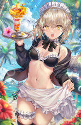 Rule 34 | 1girl, apron, artoria pendragon (alter swimsuit rider) (fate), artoria pendragon (alter swimsuit rider) (second ascension) (fate), artoria pendragon (fate), bare shoulders, beach, bikini, bird, black bikini, black bow, black jacket, black thighhighs, blue sky, blurry, blush, bow, bowtie, braid, breasts, bridal garter, choker, cleavage, cowboy shot, day, depth of field, fate/grand order, fate (series), flower, food, french braid, frilled bikini, frilled choker, frills, fruit, hibiscus, highres, hood, hoodie, ice cream, jacket, light particles, long hair, long sleeves, looking at viewer, maid, maid apron, maid bikini, maid headdress, medium breasts, melon, melon slice, navel, ocean, off shoulder, open clothes, open hoodie, open jacket, open mouth, orange (fruit), orange slice, outdoors, palm tree, parfait, peach, pocky, raspberry, red flower, seagull, skindentation, sky, spoon, stomach, sundae, sunlight, swimsuit, thighhighs, thighs, torino aqua, tray, tree, unconventional maid, waist apron, water, water drop, whipped cream, white apron, yellow eyes