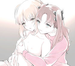 Rule 34 | 2girls, :o, ahoge, artoria pendragon (all), artoria pendragon (fate), bare shoulders, blush, bow, grabbing another&#039;s breast, breasts, commentary request, fate/stay night, fate (series), grabbing, grabbing from behind, gradient background, green eyes, grey background, greyscale, hair bow, hair ribbon, highres, long hair, monochrome, multiple girls, open clothes, open mouth, open shirt, ribbon, saber (fate), short hair, suzuakks, sweat, sweater, tearing up, tohsaka rin, tongue, tongue out, two side up, yuri