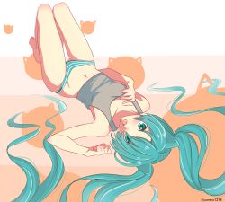 Rule 34 | 1girl, absurdres, animal ears, aqua eyes, aqua hair, bad id, bad pixiv id, barefoot, cat ears, collarbone, commentary, from above, full body, grey tank top, hatsune miku, highres, knees up, long hair, looking at viewer, lying, no pants, on back, open mouth, panties, solo, striped clothes, striped panties, tank top, twintails, twitter username, underwear, very long hair, vocaloid, yuneko1214