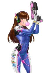 Rule 34 | 1girl, absurdres, armor, bodysuit, bracer, breasts, brown eyes, brown hair, blowing bubbles, charm (object), chewing gum, contrapposto, covered navel, cowboy shot, d.va (overwatch), emblem, eyebrows, facepaint, facial mark, gloves, gun, hand up, handgun, hands up, headphones, high collar, highres, holding, holding gun, holding weapon, legs apart, logo, long hair, looking at viewer, medium breasts, overwatch, overwatch 1, pauldrons, pilot suit, ribbed bodysuit, shoulder armor, shoulder pads, simple background, skindentation, solo, standing, thigh strap, turtleneck, urrrt, weapon, whisker markings, white background, white gloves