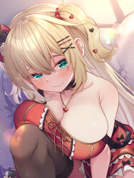 Rule 34 | 1girl, akai haato, akai haato (gothic lolita), bare shoulders, blonde hair, breasts, cleavage, green eyes, hair ornament, hairclip, highres, hololive, large breasts, long hair, looking at viewer, magowasabi, smile, solo, two side up, virtual youtuber