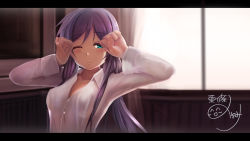 Rule 34 | 10s, 1girl, aqua eyes, blouse, blush, character name, dress shirt, letterboxed, long hair, love live!, love live! school idol project, one eye closed, purple hair, rods, shirt, solo, tojo nozomi, waking up, window