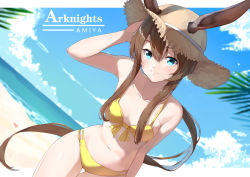 Rule 34 | 1girl, amiya (arknights), animal ears, arknights, bare arms, bare shoulders, beach, bikini, blue eyes, blue sky, breasts, brown hair, character name, closed mouth, cloud, collarbone, commentary request, copyright name, cowboy shot, day, dutch angle, front-tie bikini top, front-tie top, hair between eyes, hand on own head, hat, hip focus, horizon, letterboxed, long hair, looking at viewer, navel, ocean, outdoors, outside border, ponytail, rabbit girl, sidelocks, signature, sky, small breasts, snozaki, solo, straw hat, swimsuit, very long hair, yellow bikini
