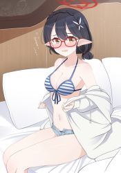 Rule 34 | 1girl, ayane (blue archive), bed, bikini, bikini under clothes, black hair, blue archive, blush, breasts, cleavage, collarbone, commentary request, glasses, halo, highres, hoshino ouka, medium breasts, medium hair, navel, pillow, pointy ears, shorts, solo, swimsuit, thighs, translated
