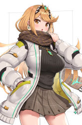 Rule 34 | 1girl, adjusting scarf, alternate costume, black sweater, blonde hair, breasts, breath, brown scarf, down jacket, earrings, enpera, gonzarez, hand in pocket, headpiece, highres, jacket, jewelry, large breasts, long hair, looking at viewer, mythra (xenoblade), necklace, open clothes, open jacket, pleated skirt, ribbed sweater, scarf, skirt, solo, sweater, swept bangs, tiara, very long hair, white background, xenoblade chronicles (series), xenoblade chronicles 2, yellow eyes