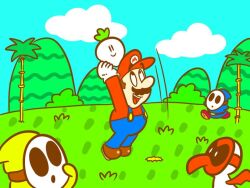 Rule 34 | 3boys, arms up, artist request, bird, brown hair, day, facial hair, food, gloves, grass, hat, mario, mario (series), mask, mountain, multiple boys, mustache, nintendo, open mouth, overalls, shy guy, source request, super mario bros. 2, tree, tweeter, vegetable