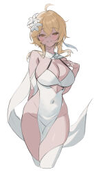 Rule 34 | 1girl, absurdres, arm behind back, blonde hair, blush, breasts, cleavage, covered navel, cropped legs, dress, flower, genshin impact, hair between eyes, hair flower, hair ornament, hand on own chest, highres, large breasts, looking at viewer, lumine (genshin impact), no panties, orange eyes, parted lips, pelvic curtain, scarf, shirt, short hair with long locks, simple background, solo, thighhighs, white background, white dress, white scarf, white shirt, white thighhighs, zutsuyaku
