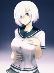 Rule 34 | 10s, 1girl, bad id, bad nicoseiga id, blue eyes, breasts, buttons, gloves, gradient background, grey skirt, hair ornament, hair over one eye, hairclip, hamakaze (kancolle), hand on own chest, hand on own stomach, highres, kantai collection, large breasts, looking at viewer, miniskirt, pleated skirt, school uniform, serafuku, short hair, skirt, solo, terepin (terepin ice), white gloves, white hair