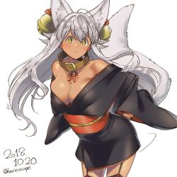 Rule 34 | 1girl, :o, ahoge, animal ears, arm at side, bell, black kimono, black thighhighs, breasts, chest tattoo, cleavage, collar, cowboy shot, dated, fox ears, fox girl, fox tail, garter straps, hair bell, hair between eyes, hair ornament, hand on own hip, herio, japanese clothes, kimono, large breasts, leaning, leaning forward, long hair, looking at viewer, motion lines, obi, open mouth, original, sash, short kimono, silver hair, simple background, solo, standing, tail, tattoo, thighhighs, twitter username, white background, wide sleeves, yellow eyes