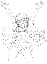 Rule 34 | 1girl, :d, ^ ^, arms up, blush stickers, braid, closed eyes, face, greyscale, kimi kiss, mizusawa mao, monochrome, navel, open mouth, outstretched arms, panties, school uniform, sketch, smile, solo, underwear, yamaguchi homupe