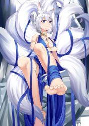 Rule 34 | 1girl, animal ear fluff, animal ears, arm under breasts, azur lane, bare shoulders, barefoot, blue dress, blue eyes, blue ribbon, breasts, buhualuo, center opening, dress, feet, fox ears, fox girl, fox tail, from below, full body, gold choker, halter dress, halterneck, highres, kaga (azur lane), kaga (exalted white wings) (azur lane), kitsune, kyuubi, large breasts, large tail, looking at viewer, looking down, multiple tails, official alternate costume, ribbon, short hair, sleeveless, sleeveless dress, solo, tail, toes, white hair, white tail