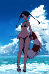 Rule 34 | 1girl, absurdres, alternate costume, bikini, black hair, blue sky, blush, breasts, cloud, day, full body, gradient sky, grey eyes, hair between eyes, highres, kantai collection, lifebuoy, long hair, mikuma (kancolle), navel, neve (morris-minicooper), ocean, open mouth, sandals, sky, small breasts, smile, swim ring, swimsuit, twintails