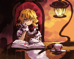 Rule 34 | 1girl, blonde hair, book, bow, bowtie, brown vest, closed mouth, commentary request, cup, frilled gloves, frilled sleeves, frills, gloves, hand on own cheek, hand on own face, highres, holding, holding cup, kaigen 1025, kirisame marisa, lantern, long hair, open book, puffy short sleeves, puffy sleeves, quill, red bow, red bowtie, shirt, short sleeves, solo, touhou, uneven eyes, vest, white gloves, white shirt, yellow eyes, yin yang