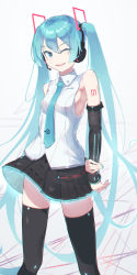 Rule 34 | 1girl, ;d, arm behind back, arms behind back, black skirt, black sleeves, black thighhighs, blue hair, blue nails, blue necktie, breasts, collared shirt, detached sleeves, dress shirt, floating hair, hakisou (haki-sou), hatsune miku, hatsune miku (vocaloid4), headphones, headset, highres, long hair, long sleeves, microphone, miniskirt, nail polish, necktie, one eye closed, open mouth, pleated skirt, shiny clothes, shiny legwear, shirt, skirt, sleeveless, sleeveless shirt, small breasts, smile, solo, standing, thighhighs, very long hair, vocaloid, white background, white shirt, wing collar, zettai ryouiki