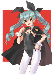 Rule 34 | 1girl, anchovy (girls und panzer), animal ears, black bow, black bowtie, black cape, black leotard, border, bow, bowtie, breasts, brown eyes, cape, contrapposto, detached collar, drill hair, fake animal ears, girls und panzer, glasses, green hair, katahira masashi, leotard, long hair, looking at viewer, pantyhose, playboy bunny, rabbit ears, rabbit girl, rabbit tail, red background, small breasts, solo, strapless, strapless leotard, tail, twin drills, twintails, two-tone background, white border, white pantyhose, wrist cuffs