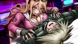 Rule 34 | &gt; &lt;, 1boy, 1girl, ahoge, android, armor, barbed wire, blonde hair, blue eyes, blush, breast press, breasts, choker, danganronpa (series), danganronpa v3: killing harmony, embarrassed, fingerless gloves, game cg, gloves, goggles, goggles on head, iruma miu, k1-b0, komatsuzaki rui, large breasts, long hair, looking at another, official art, open mouth, outstretched arms, power armor, raised eyebrows, school uniform, serafuku, silver hair, smile, spread arms, wavy hair