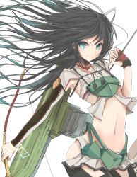 Rule 34 | 10s, 1girl, aqua eyes, armor, arrow (projectile), asymmetric gloves, asymmetrical gloves, black hair, black thighhighs, blue eyes, bow (weapon), crossbow, elbow gloves, fingerless gloves, flight deck, gloves, hair ribbon, japanese clothes, kantai collection, katsuragi (kancolle), long hair, looking at viewer, machinery, messy hair, midriff, nao (qqqbb), open mouth, pleated skirt, ponytail, remodel (kantai collection), ribbon, simple background, skirt, smile, solo, thighhighs, uneven gloves, weapon, zettai ryouiki