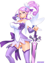 Rule 34 | 1girl, boots, breasts, brooch, choker, cleavage, covered erect nipples, cure sword, dokidoki! precure, dress, hair ornament, heart, heart brooch, jewelry, kenzaki makoto, large breasts, legs, name connection, object namesake, panties, pantyshot, precure, purple eyes, purple hair, purple skirt, purple theme, purple thighhighs, ribbon, satou shouji, simple background, skirt, solo, spade, spade hair ornament, sword, thigh boots, thighhighs, thighs, underwear, upskirt, weapon, white background