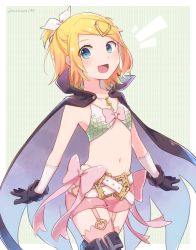Rule 34 | 1girl, belt, black cloak, black gloves, blonde hair, blue eyes, bow, cloak, commentary, cosplay, cowboy shot, fire emblem, fire emblem awakening, garter straps, gloves, green background, hair bow, hair ornament, hairclip, highres, jewelry, kagamine rin, navel, nintendo, nowi (fire emblem), nowi (fire emblem) (cosplay), open mouth, pendant, pink ribbon, pink shorts, reki (arequa), ribbon, short hair, short shorts, shorts, smile, solo, swept bangs, treble clef, vocaloid, white bow