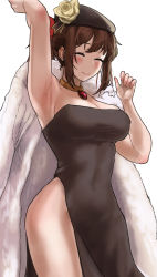 Rule 34 | 1girl, armpits, black dress, blush, breasts, brown hair, cape, chroong, cleavage, closed mouth, collar, dress, closed eyes, flower, fur-trimmed cape, fur trim, gem, guardian tales, hand up, hat, highres, innkeeper loraine, medium breasts, ponytail, red gemstone, short hair, sleeveless, sleeveless dress, thighs, white background, white flower