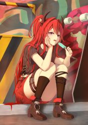 Rule 34 | 1girl, absurdres, arknights, black footwear, black shirt, boots, calvaires, commentary, food, hair intakes, hands up, head rest, high heel boots, high heels, highres, holding, holding food, horns, kneehighs, long hair, looking at viewer, miniskirt, official alternate costume, open mouth, pencil skirt, popsicle, purple eyes, red hair, red skirt, shirt, short sleeves, sitting, skateboard, skirt, socks, solo, surtr (arknights), surtr (liberte echec) (arknights), thigh strap, very long hair