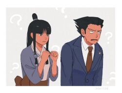 Rule 34 | 1boy, 1girl, 23011620x, ?, ace attorney, black hair, blue jacket, blunt bangs, clenched hands, collared shirt, confused, hair ornament, half updo, hanten (clothes), jacket, japanese clothes, jewelry, kimono, long hair, long sleeves, magatama, maya fey, necklace, necktie, obi, parted bangs, phoenix wright, purple jacket, red necktie, sash, shirt, short hair, sidelocks, simple background, spiked hair, sweatdrop, upper body, white kimono, white shirt