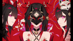 Rule 34 | bare shoulders, bell, black choker, black hair, blunt bangs, chinese commentary, choker, clone, collarbone, commentary request, facial mark, facing viewer, finger to own chin, fish, flower tattoo, fox mask, goldfish, hair ornament, heitian keji, highres, honkai: star rail, honkai (series), jingle bell, making-of available, mask, mask on head, masked, multicolored hair, nail polish, neck bell, one eye closed, parted lips, pillarboxed, pink eyes, red eyes, red hair, red nails, sidelocks, sparkle (honkai: star rail), streaked hair, symbol-shaped pupils, tattoo, teeth, two-tone hair, upper body, upper teeth only, variant set