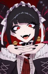 Rule 34 | 1girl, black hair, bonnet, celestia ludenberg, commentary, danganronpa: trigger happy havoc, danganronpa (series), drill hair, earrings, english commentary, frilled sleeves, frills, gothic lolita, highres, j.k., jewelry, lolita fashion, long hair, looking at viewer, necktie, open mouth, red background, red eyes, red necktie, simple background, solo, teeth, upper body, upper teeth only