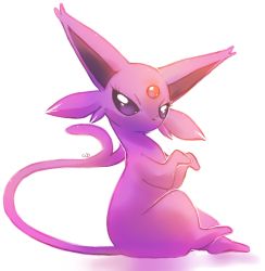 Rule 34 | commentary, creature, creatures (company), english commentary, espeon, eyelashes, full body, game freak, gen 2 pokemon, nintendo, no humans, pinkgermy, pokemon, pokemon (creature), purple eyes, simple background, sitting, solo, white background