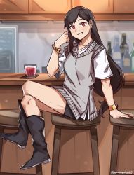 Rule 34 | 1girl, alternate costume, bar (place), black footwear, black hair, boots, bottle, bracelet, casual, commentary, cup, earrings, english commentary, final fantasy, final fantasy vii, full body, graysheartart, grey vest, grin, highres, indoors, jewelry, long hair, low-tied long hair, nail polish, parted lips, red eyes, red nails, short sleeves, sitting, smile, solo, stool, tifa lockhart, twitter username, very long hair, vest